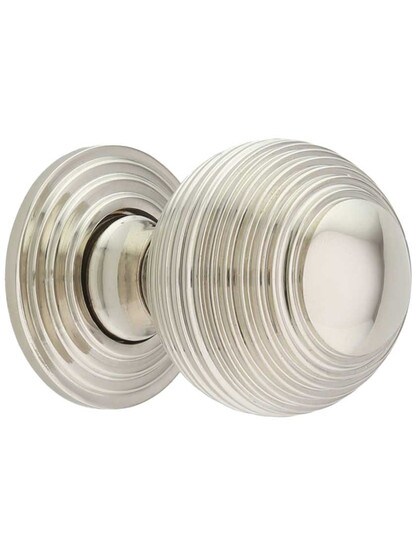 Solid-Brass Reeded Round Knob with Rosette - 1 1/4 inch Diameter in Polished Nickel.